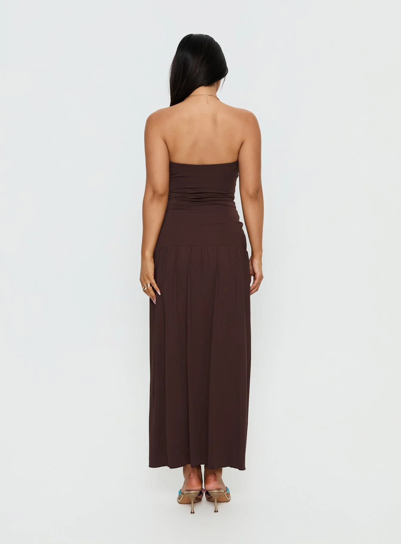 Alexe Strapless Ruched Maxi Dress Chocolate