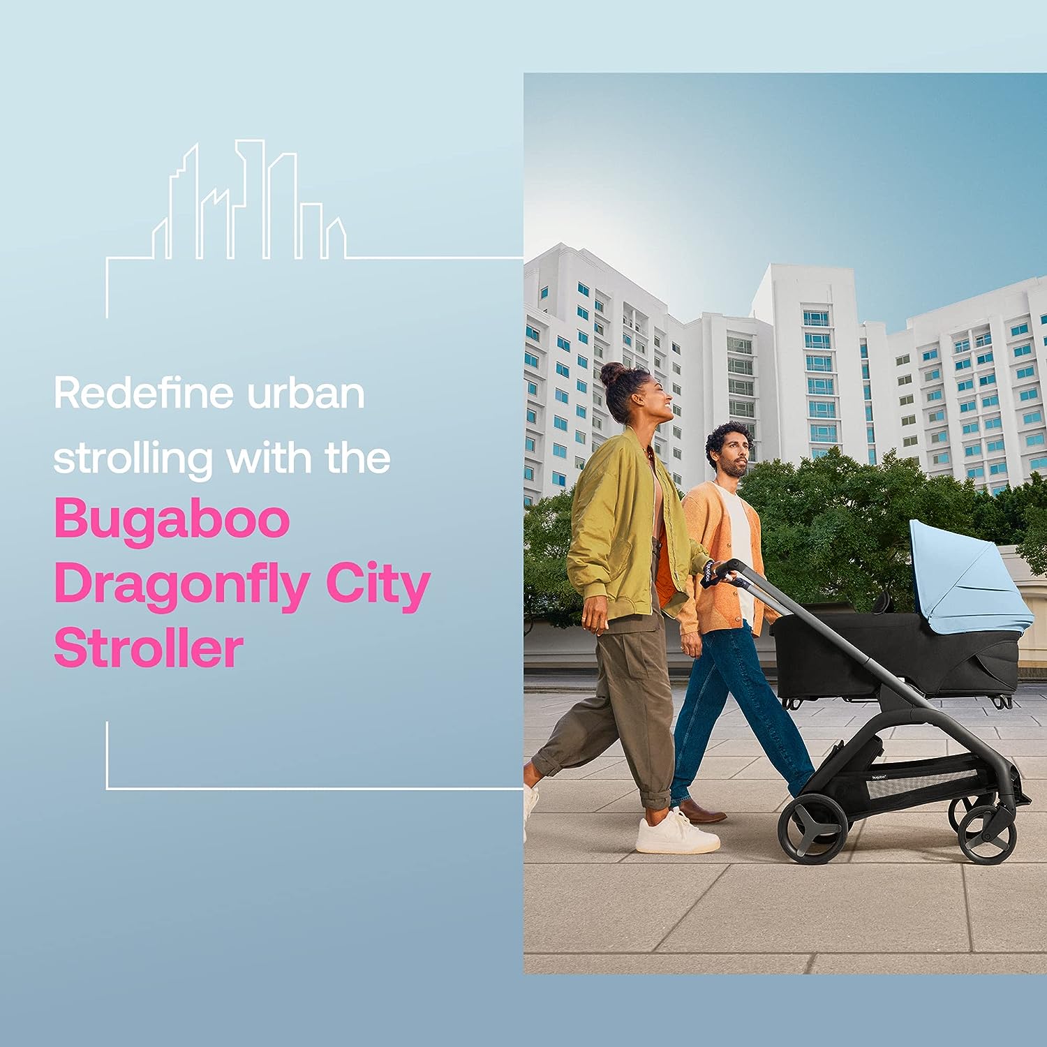 Bugaboo Dragonfly City Stroller with Full-Size Baby Bassinet and Toddler Seat, One Hand Easy Fold in Any Position, Full Suspension, Large Basket, Graphite Chassis and Skyline Blue Sun Canopy