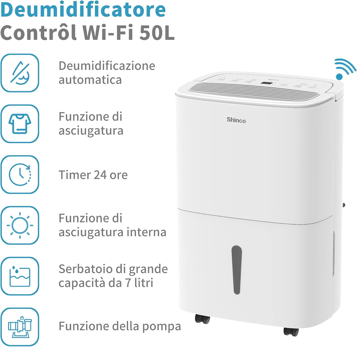 Shinco WIFI Deumidificatore Portatile 50L/Giorno con Pompa di Sollevamento, Purificatore d'aria, Filtro a Carbone Attivo, Timer 24 Ore, Scarico Continuo, Funzione Asciugatrice, Bianco