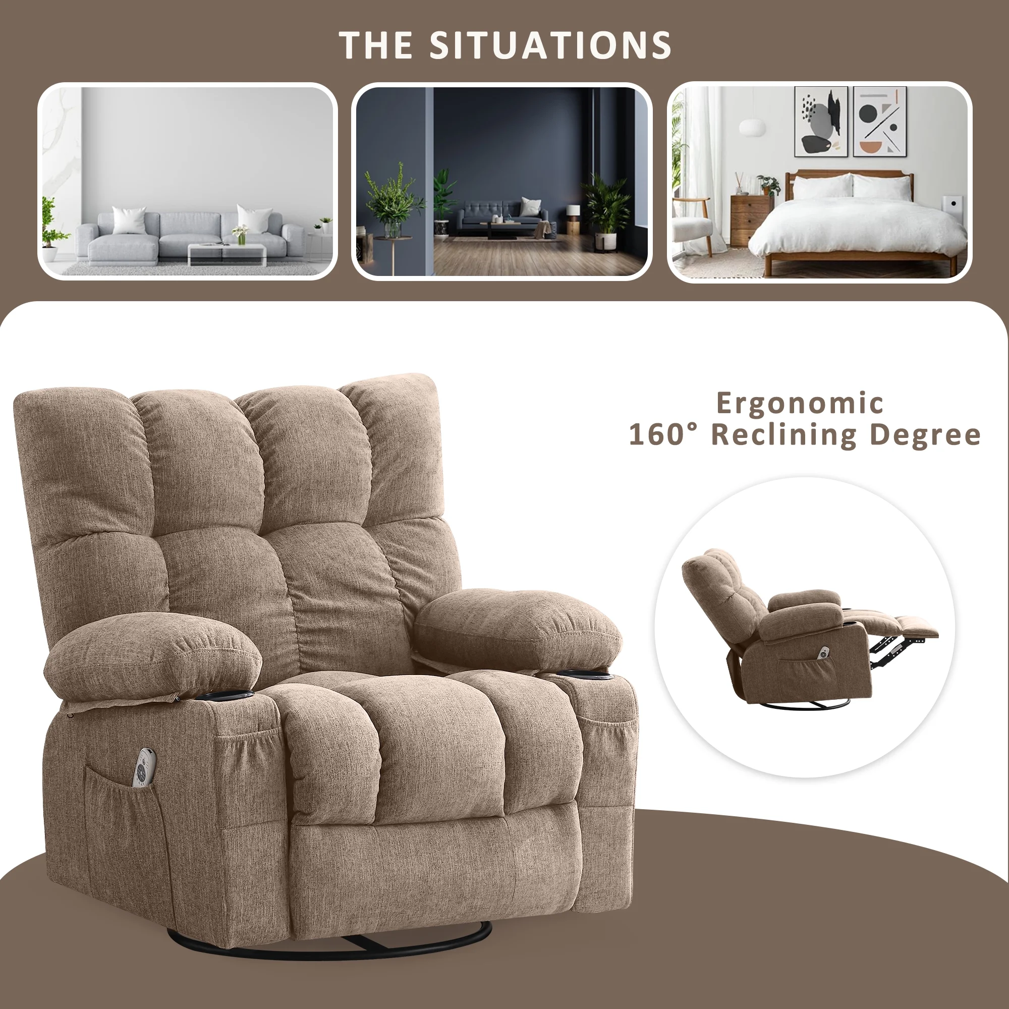 JONPONY Manual Recliner Chair with Heat Therapy and Massage Function, Heavy Duty Reclining Mechanism Massage Chair, Elderly Single Rocker Sofa with Cup Holders for Bedroom Home Theater, Grey