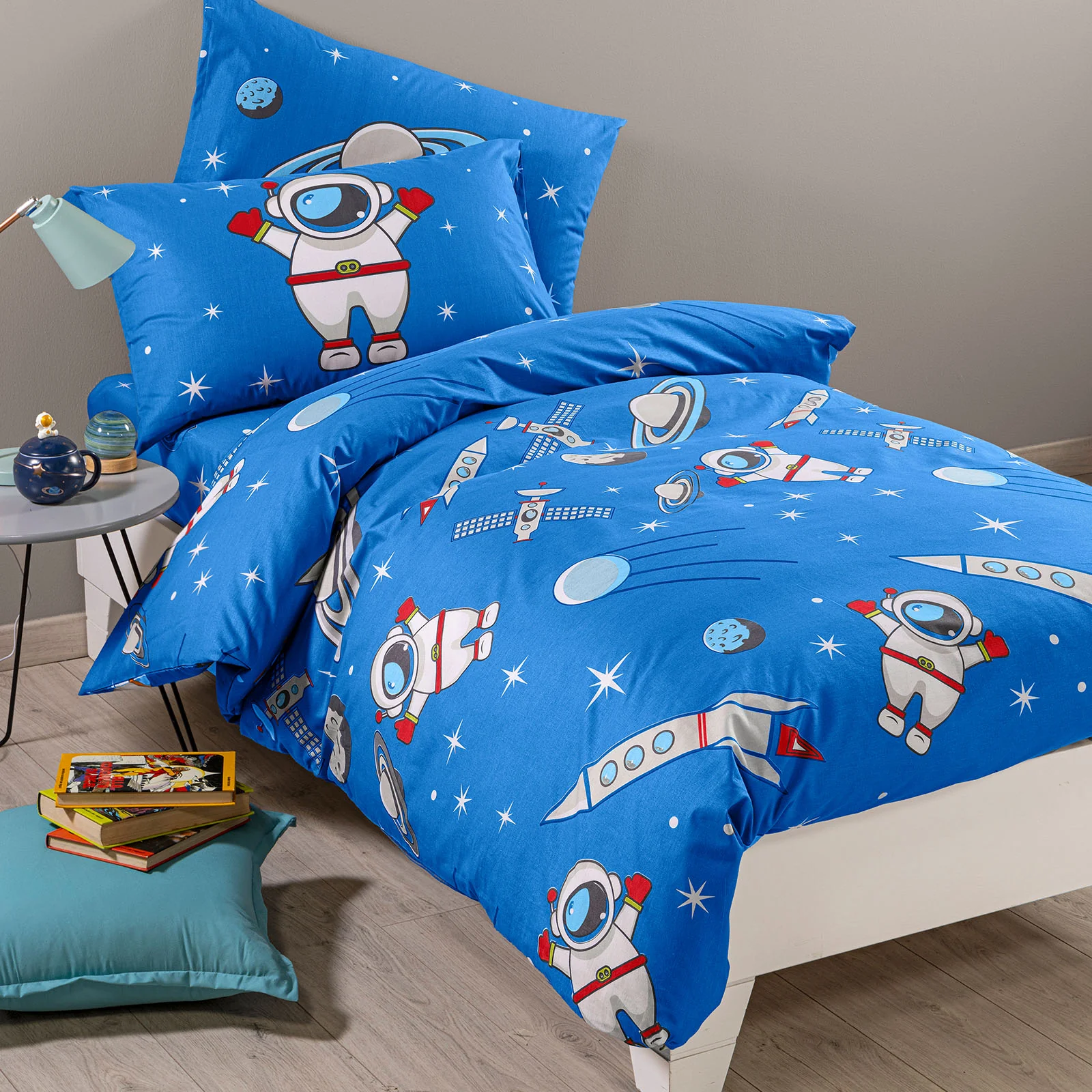 Completo Copripiumino In Cotone Spazio Piazza E Mezza Blu Caleffi Kids