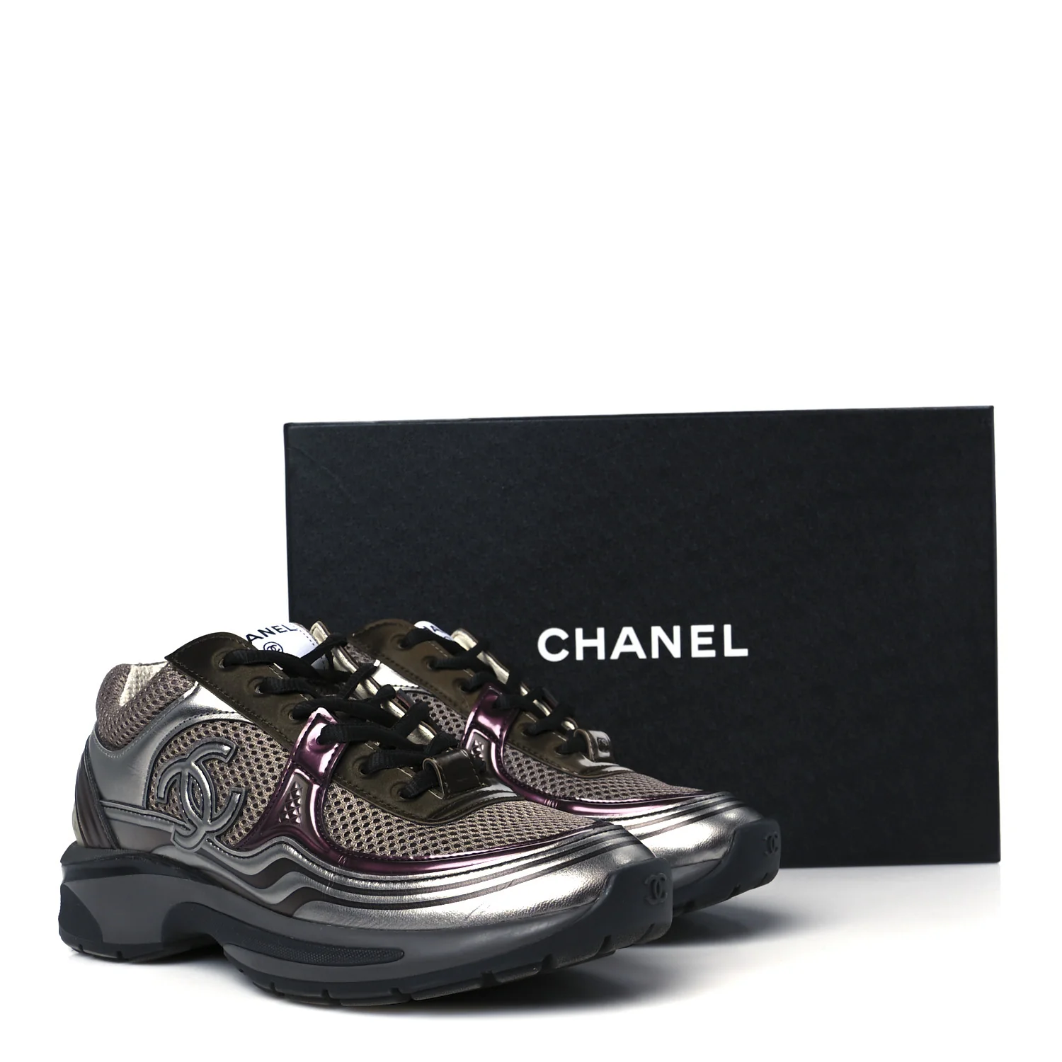 Fabric Laminated Calfskin Stretch CC Womens Sneakers 37 Khaki Silver Dark Purple - Top Club