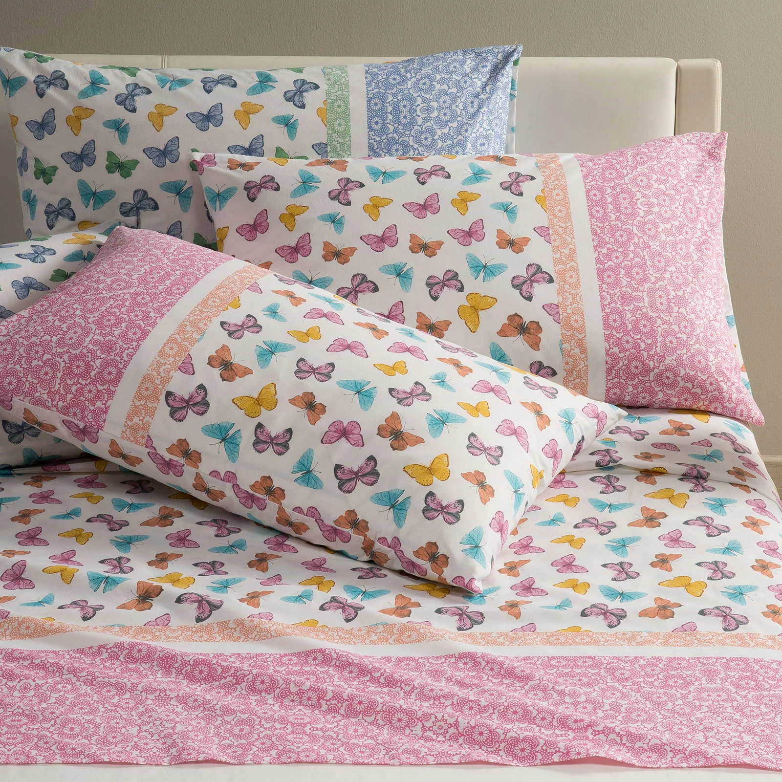 Completo Lenzuola In Cotone Farfalle Matrimoniale Rosa Caleffi