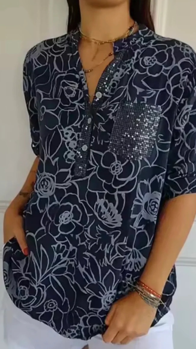 Women's Casual Printed Shirt with Patch Pockets and Sequins - Nordfashionstorm - Women's Clothing, Fashion for You - Nordfashionstorm.com