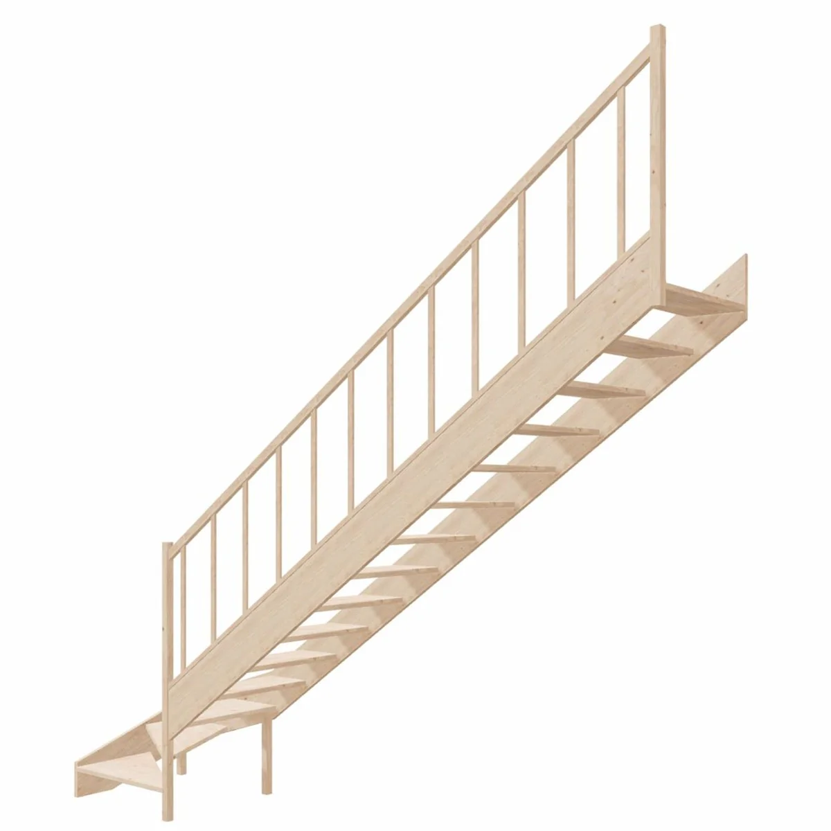 Luxury corner wooden staircase with railing right side natural color H. 364 cm