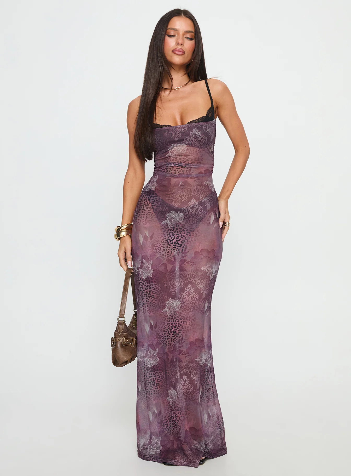 Evera Sheer Built In Bra Maxi Dress Purple