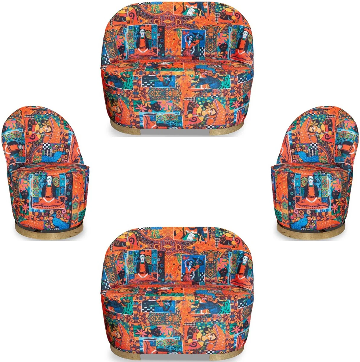 Designer Art Deco Living Room Set Multicolored / Gold - 2 Sofas & 2 Swivel Armchairs - Living Room Furniture - Art Deco Furniture