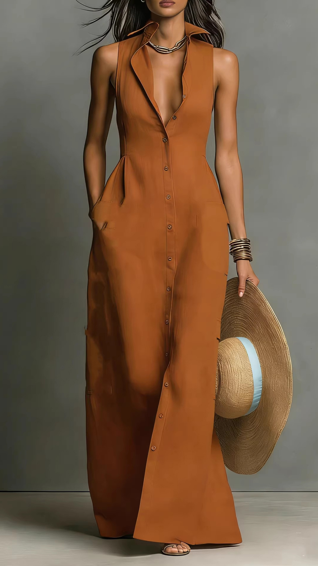 Women's Sleeveless Collared Waist-Cinching Long Shirt Dress - Nordfashionstorm - Women's Clothing, Fashion for You - Nordfashionstorm.com