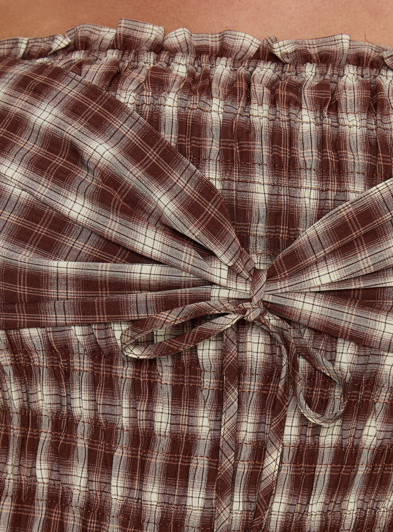 Avalynn Off Shoulder Shirred Top Brown Check Curve