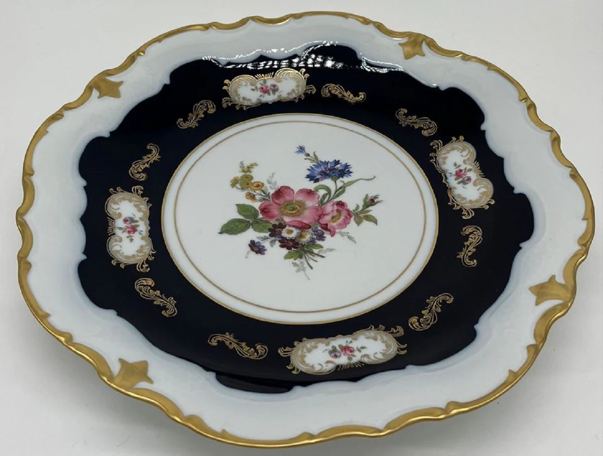 Luxury Baroque Porcelain Plate White / Dark Blue / Multicolored / Gold Ø 33 cm - Porcelain Dinner Plate - Luxury Baroque Porcelain Accessories - Reichenbach Porcelain - Made in Germany