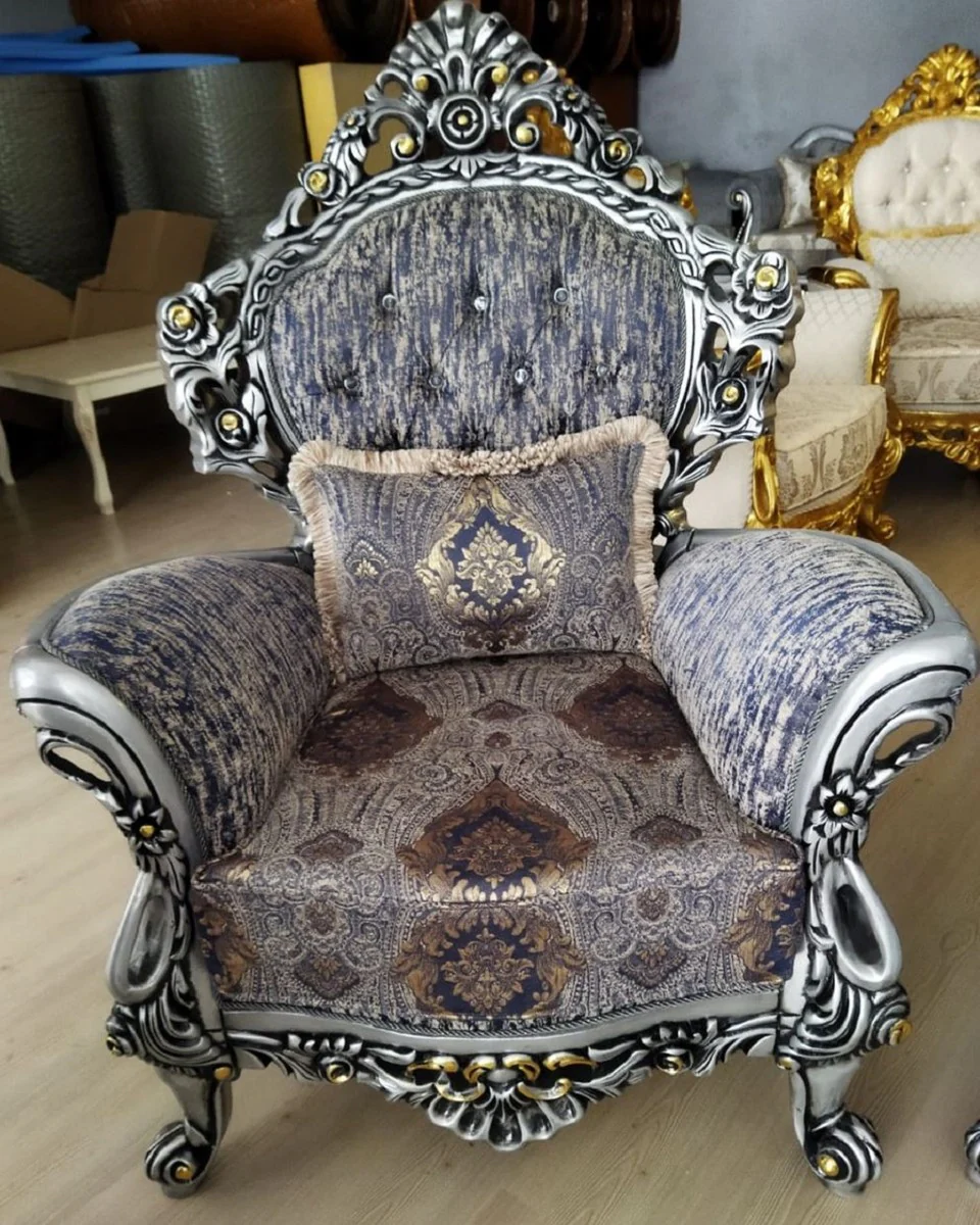 Luxury Baroque Living Room Set Multicolored / Silver / Black / Gold - 2 Baroque Sofas & 2 Baroque Armchairs & 1 Baroque Coffee Table - Luxury Living Room Furniture in Baroque Style - Baroque Furniture