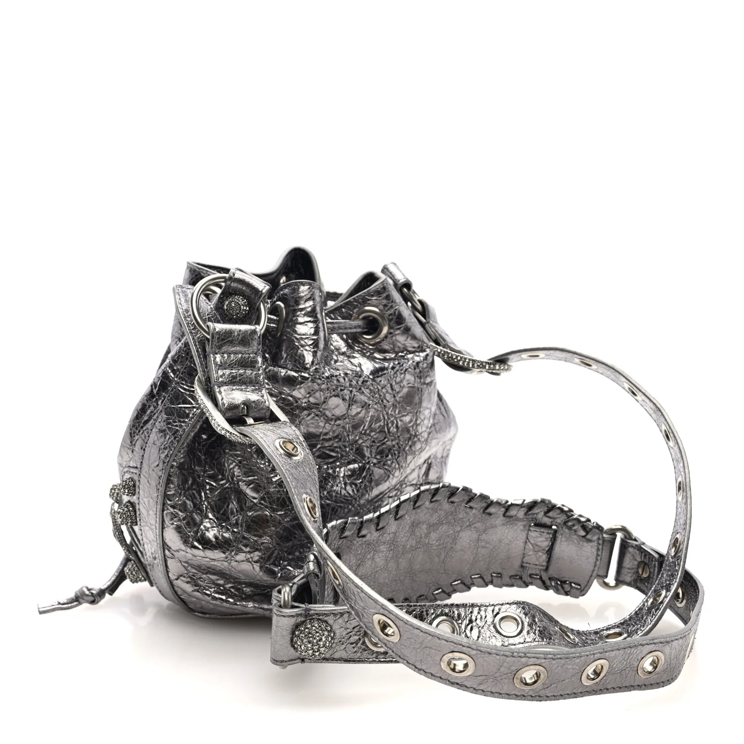 Metallic Agneau Arena Crystal Le Cagole Bucket Bag XS Silver - Top Club