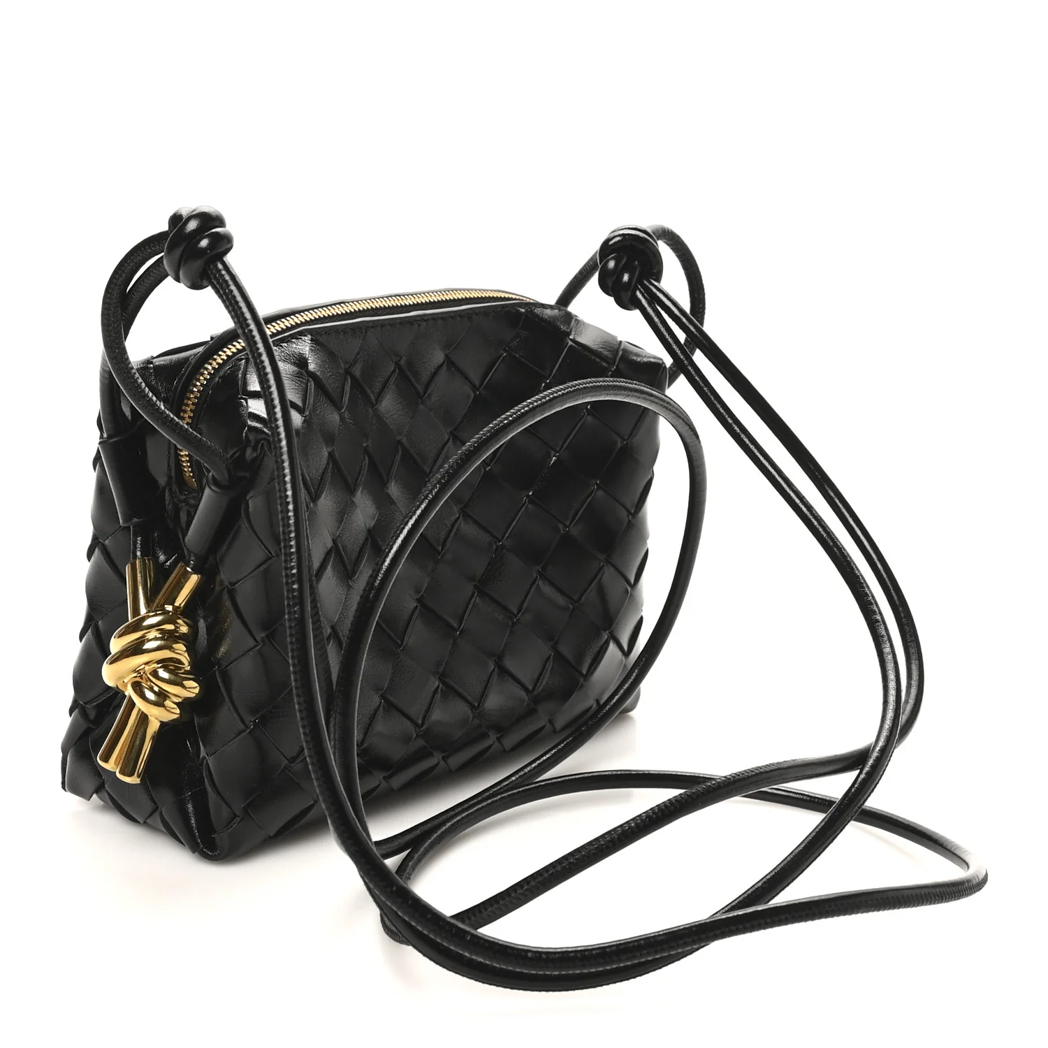 Polished Nappa Intrecciato Metallic Knot Mini Loop Camera Bag Black - Top Club