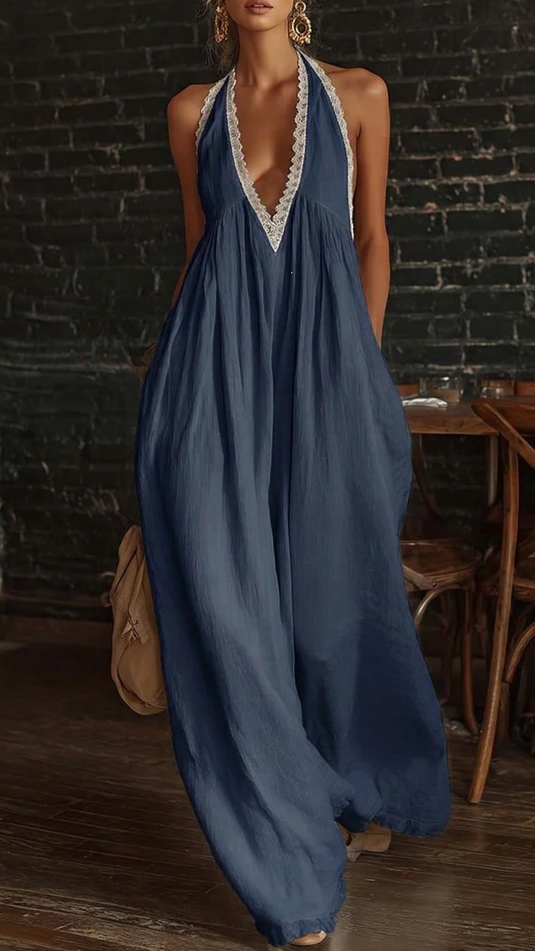 Women's Linen-Cotton Lace Halter Wide-Leg Jumpsuit - Nordfashionstorm - Women's Clothing, Fashion for You - Nordfashionstorm.com