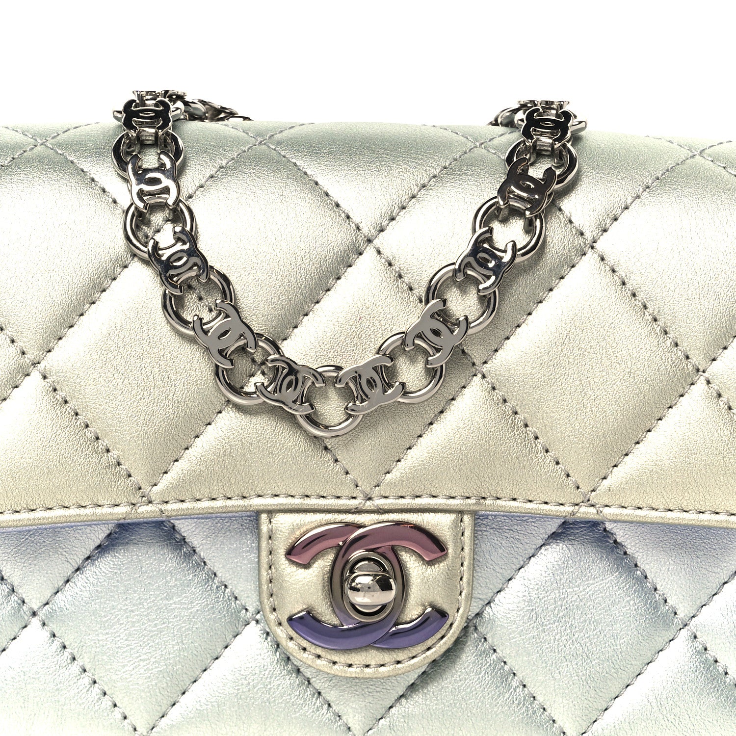 Gradient Metallic Calfskin Quilted Clutch Silver Blue Yellow Purple - Top Club