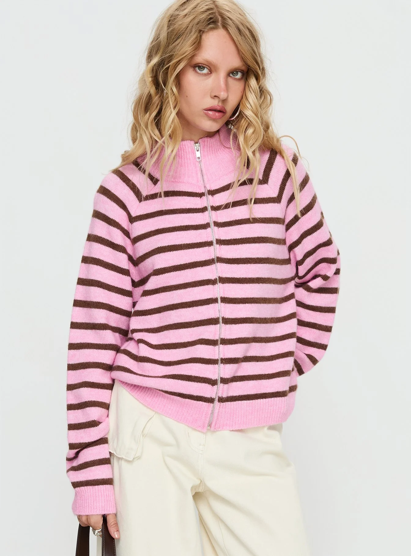 Kaylei Zip Through Cardigan Pink Stripe
