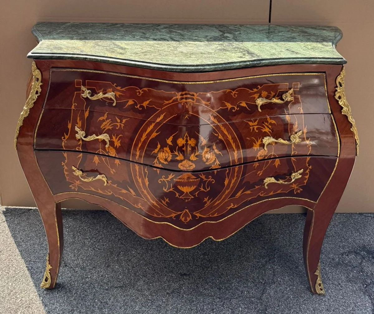 Baroque chest of drawers with 3 drawers and marble top brown inlaid / gold / green 123 cm