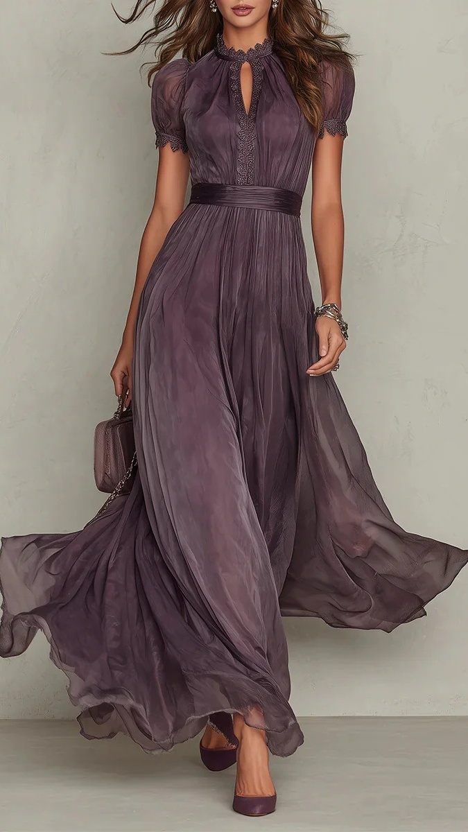 Women's High-Neck, Lace-Paneled, Flowy Chiffon Dress - Nordfashionstorm - Women's Clothing, Fashion for You - Nordfashionstorm.com