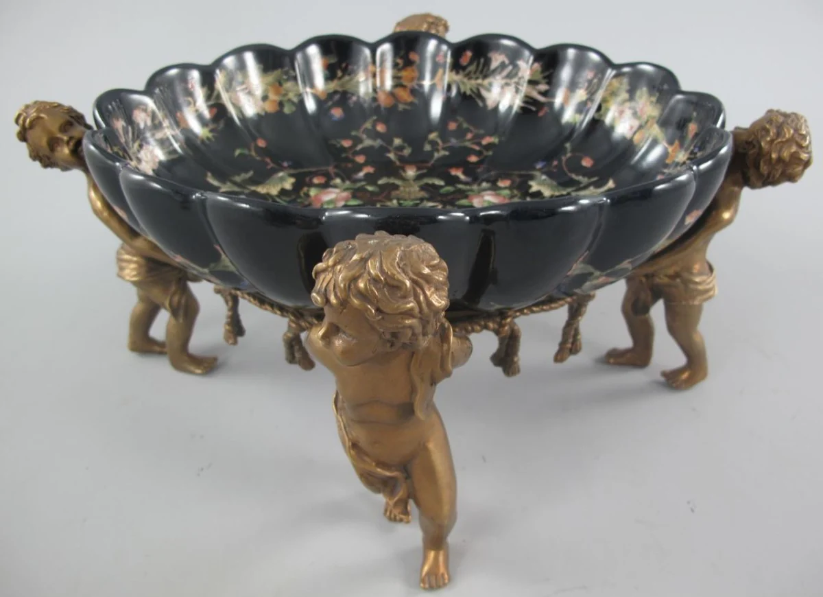 Art Nouveau porcelain bowl with 4 decorative angel figures black / multicolored / brass 40 x 34 x H. 17 cm - Baroque & Art Nouveau decorative accessories