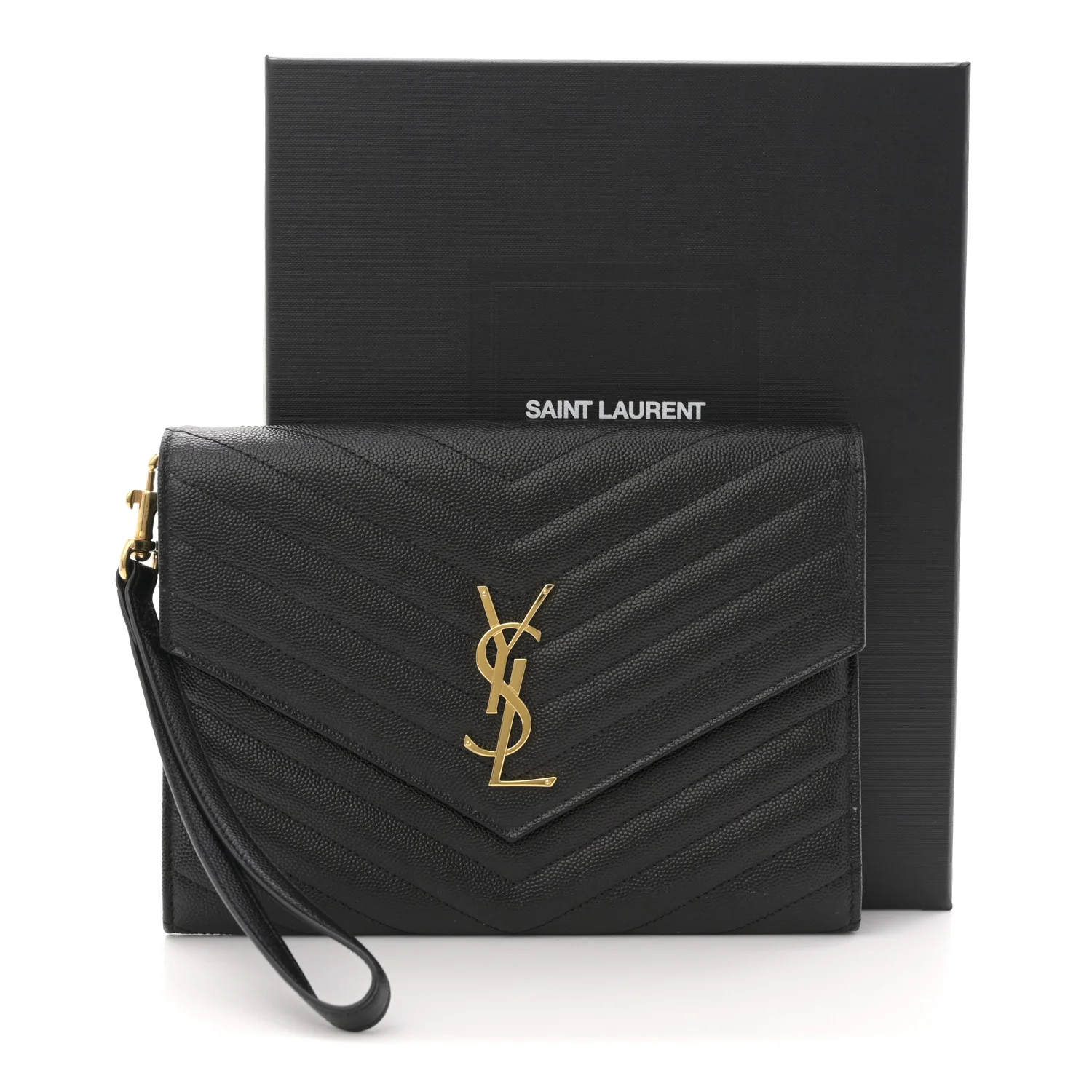 Grain De Poudre Matelasse Chevron Monogram Envelope Clutch Black - Top Club