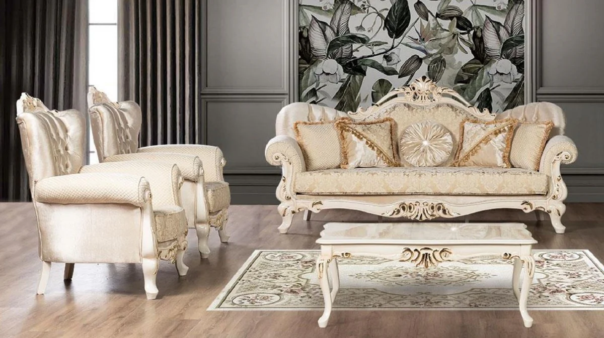 Luxury Baroque Living Room Set Gold / Cream / Gold - 2 Baroque Sofas with Pattern & 2 Baroque Armchairs with Pattern & 1 Baroque Coffee Table - Baroque Living Room Furniture