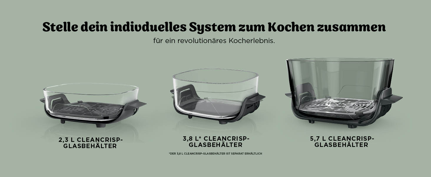 Der Text lautet: „Stelle dein individuelles System zum Kochen zusammen.“ Zeigt drei Optionen für Kochflächen mit technischen Daten in einem Produktlayoutdiagramm.