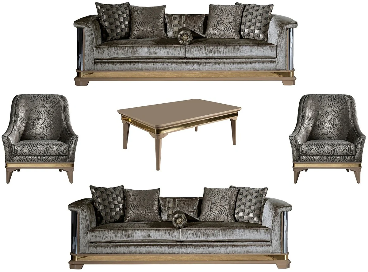 Luxury Art Deco Living Room Set Silver / Black / Beige / Gold - 2 Sofas & 2 Armchairs & 1 Coffee Table - Art Deco Living Room Furniture