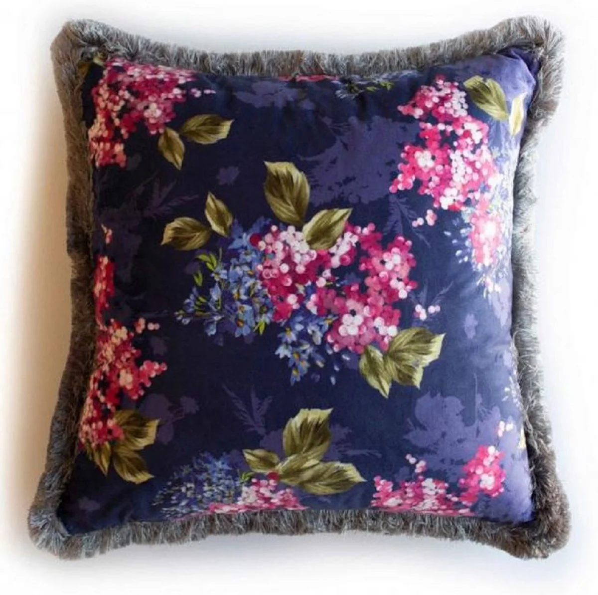 Luxury decorative cushion floral design multicolored / gray 45 x 45 cm - printed velvet cushion with fringes - decorative accessories