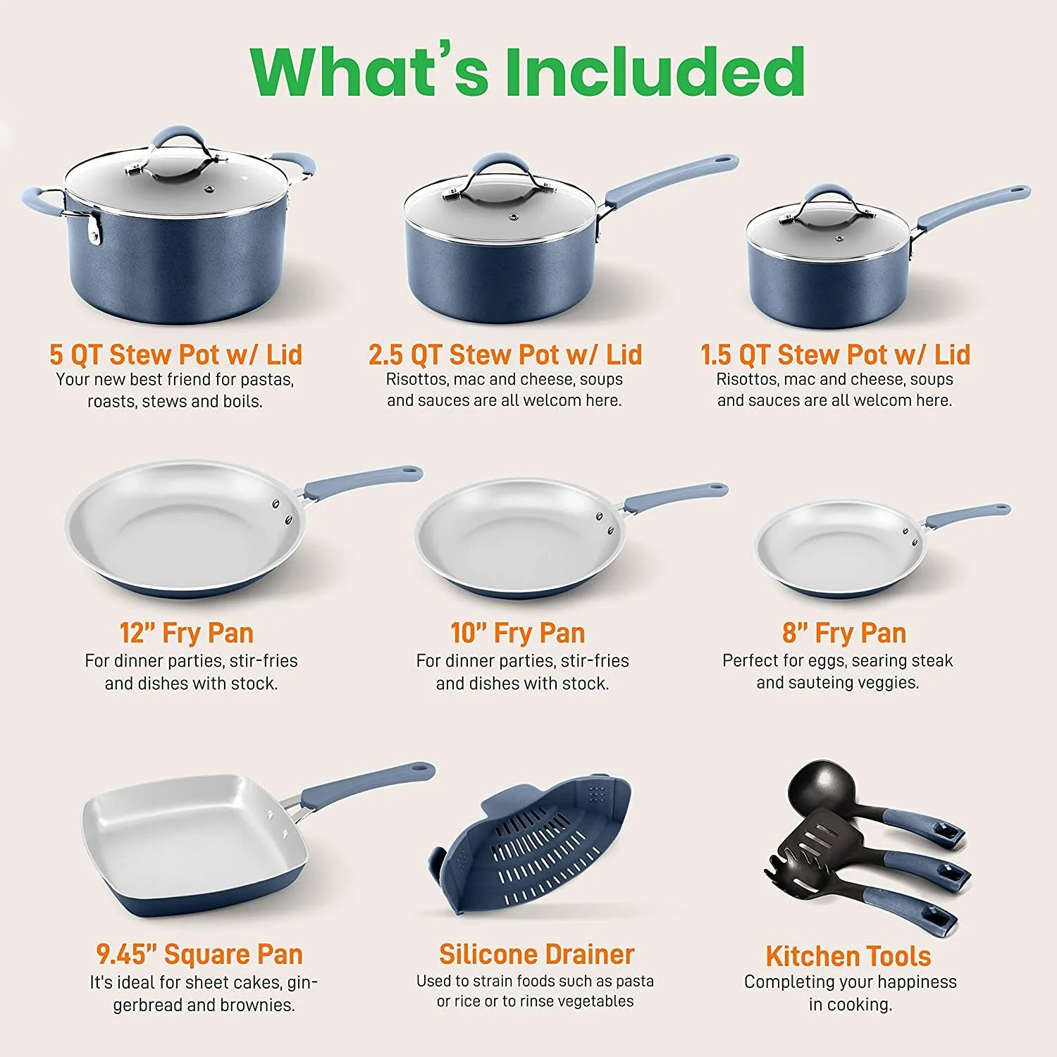 20 Piece Non-Stick Kitchen Cookware/Bakeware Set with PTFE/PFOA/PFOS Free Heat Resistant Silicone Handles with Pot, Frying Pans, Cooking, Oven Pot, Lids, Utensils, -NCCW20SBLU, One Size, Navy Blue