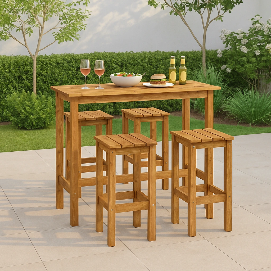 Wooden bar table set with stools for the garden