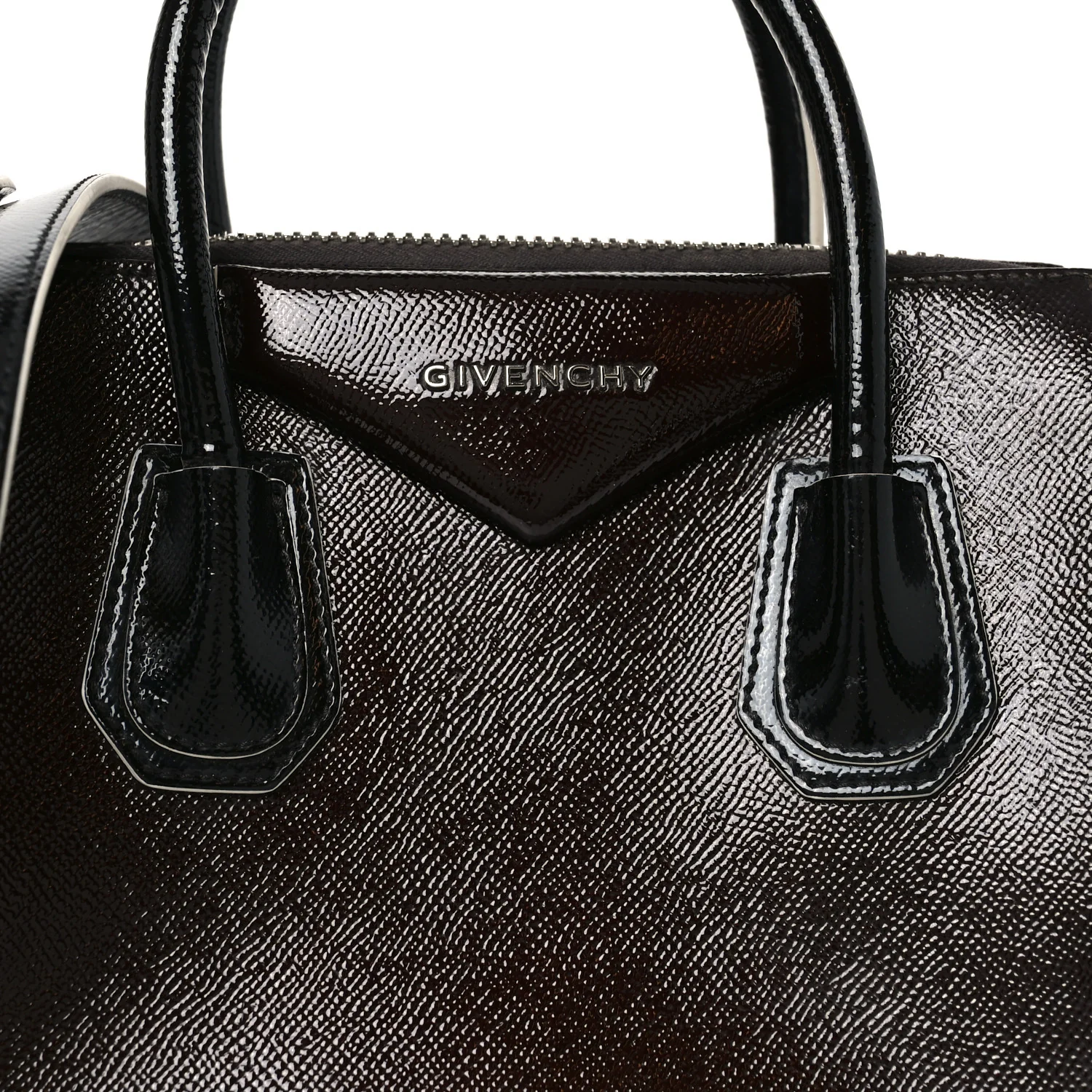 Textured Patent Calfskin Small Tri-Color Antigona Black White Brown - Top Club