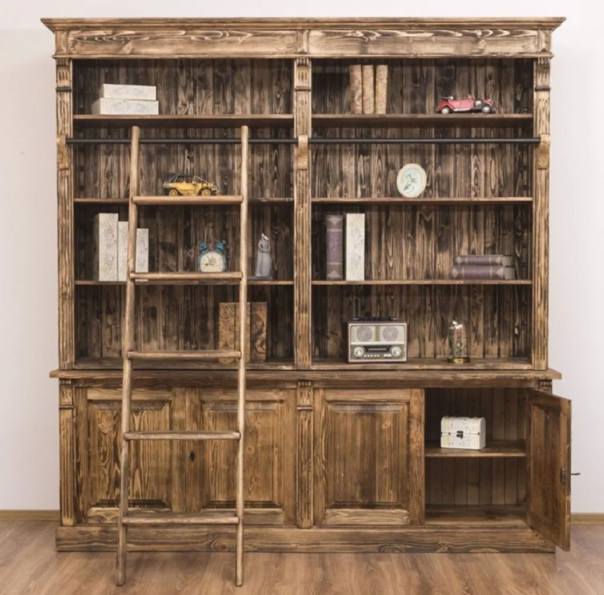 Country house style bookcase with ladder brown 223 x 51 x H. 228 cm - solid wood cupboard - living room cupboard - shelf cupboard - office cupboard - country house style furniture