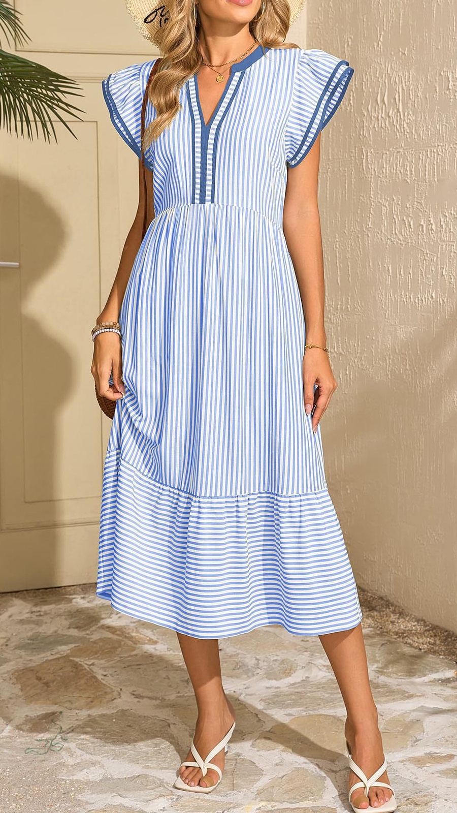 Women's Striped Short-Sleeve Dress with Double Ruffles and Contrast V-Neck - Nordfashionstorm - Women's Clothing, Fashion for You - Nordfashionstorm.com
