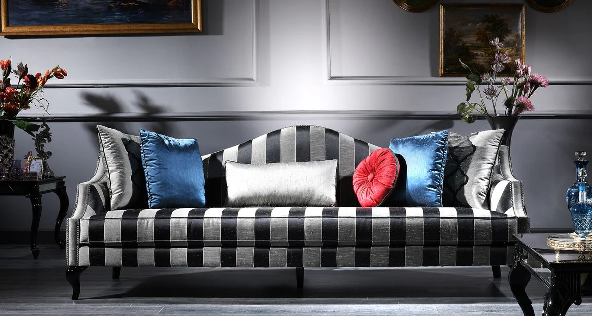 Luxury Baroque Living Room Set Silver / Black - 2 Sofas & 2 Armchairs & 1 Coffee Table & 2 Side Tables - Living Room Furniture in Baroque Style - Noble & Magnificent