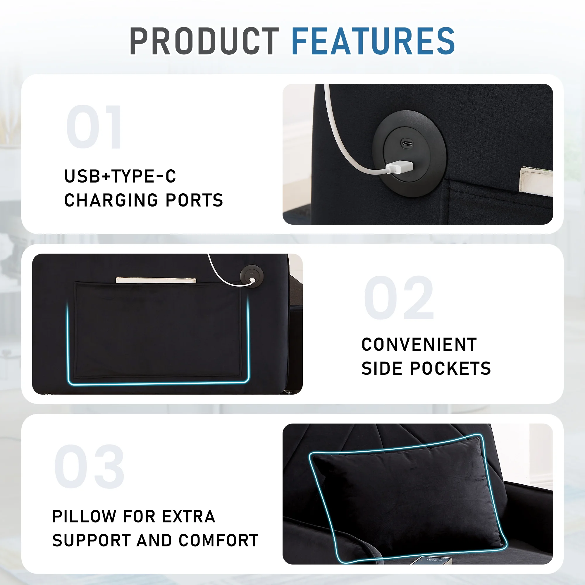 Lunale 3 - in - 1 Convertible Sleeper Chair Bed, Indoor Lounge Chair with USB/Type - C Charging Ports, Modern Recliner Sofa for Living Room, Gray Velvet