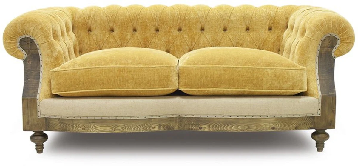 Luxury Chesterfield sofa yellow / beige / brown 215 x 100 x H. 72 cm - living room sofa - hotel sofa - living room furniture - Chesterfield furniture - luxury furniture - luxury furnishings