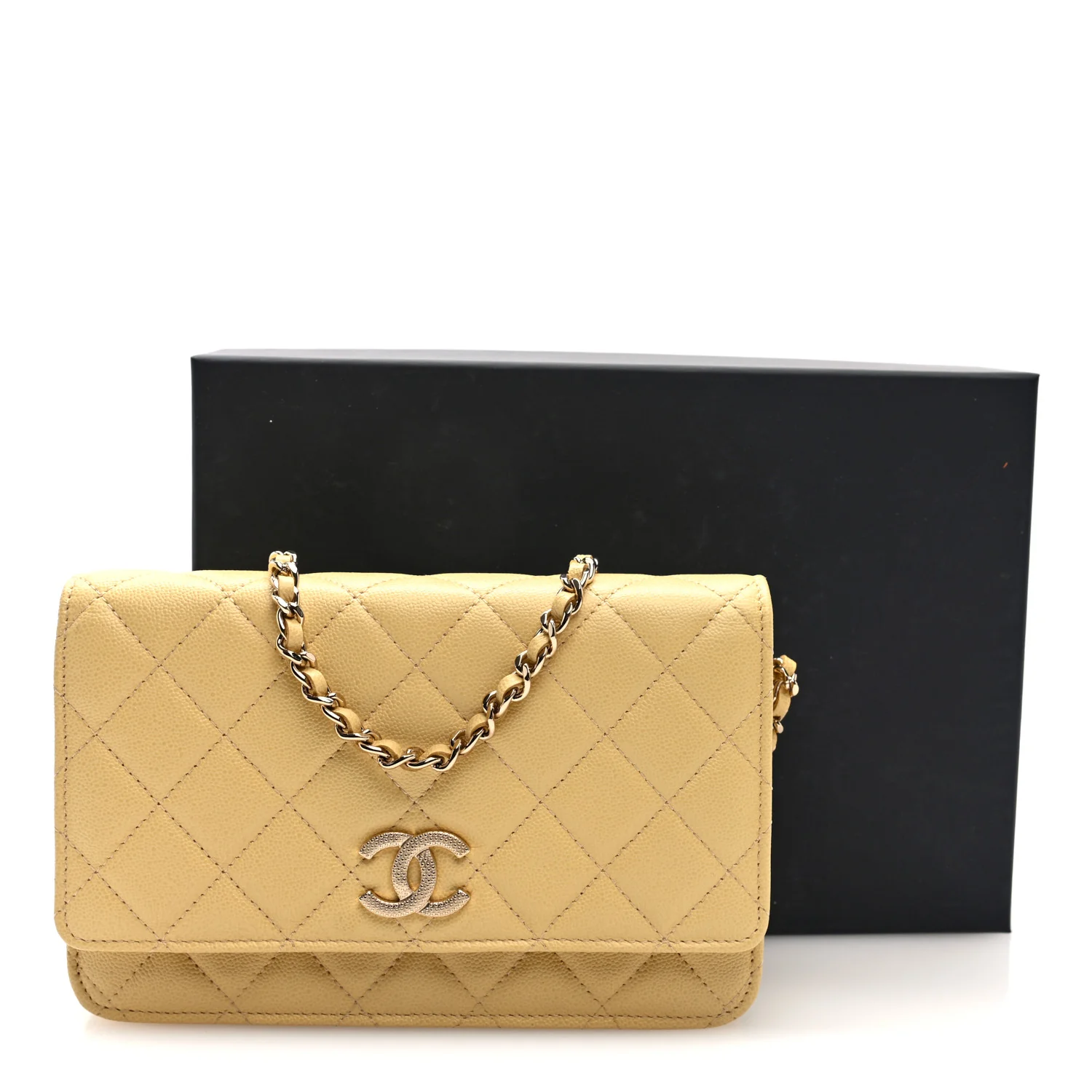 Caviar Quilted Studded CC Wallet on Chain WOC Yellow - Top Club
