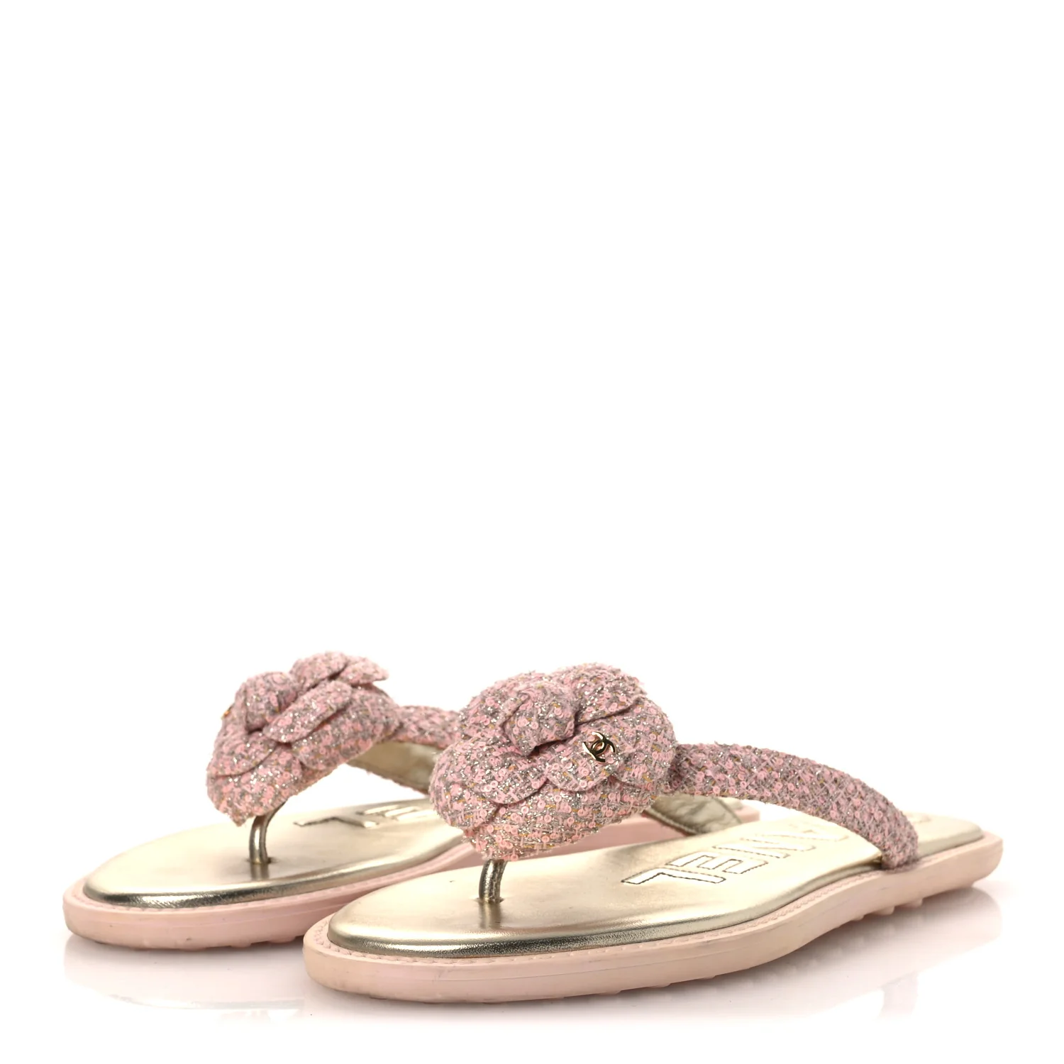 Tweed Camellia Thong Sandals 37.5 Salmon Apricot Gold - Top Club