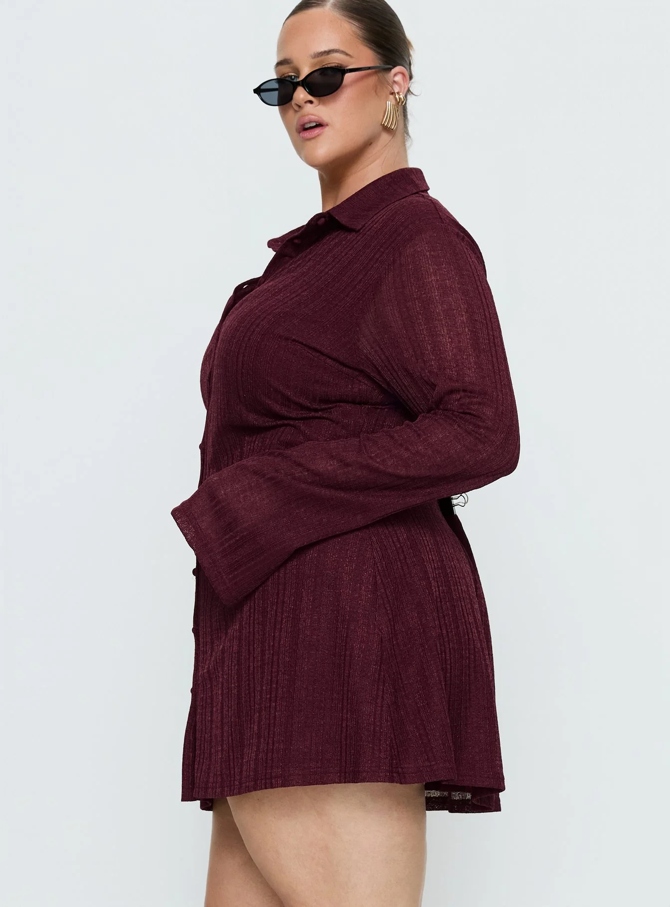 When You Sleep Long Sleeve Mini Dress Wine Curve