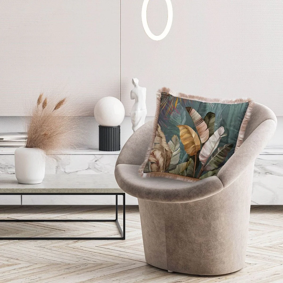 Luxury decorative cushion shrubs multicolored / brown 45 x 45 cm - printed velvet cushion with fringes - luxury decorative accessories