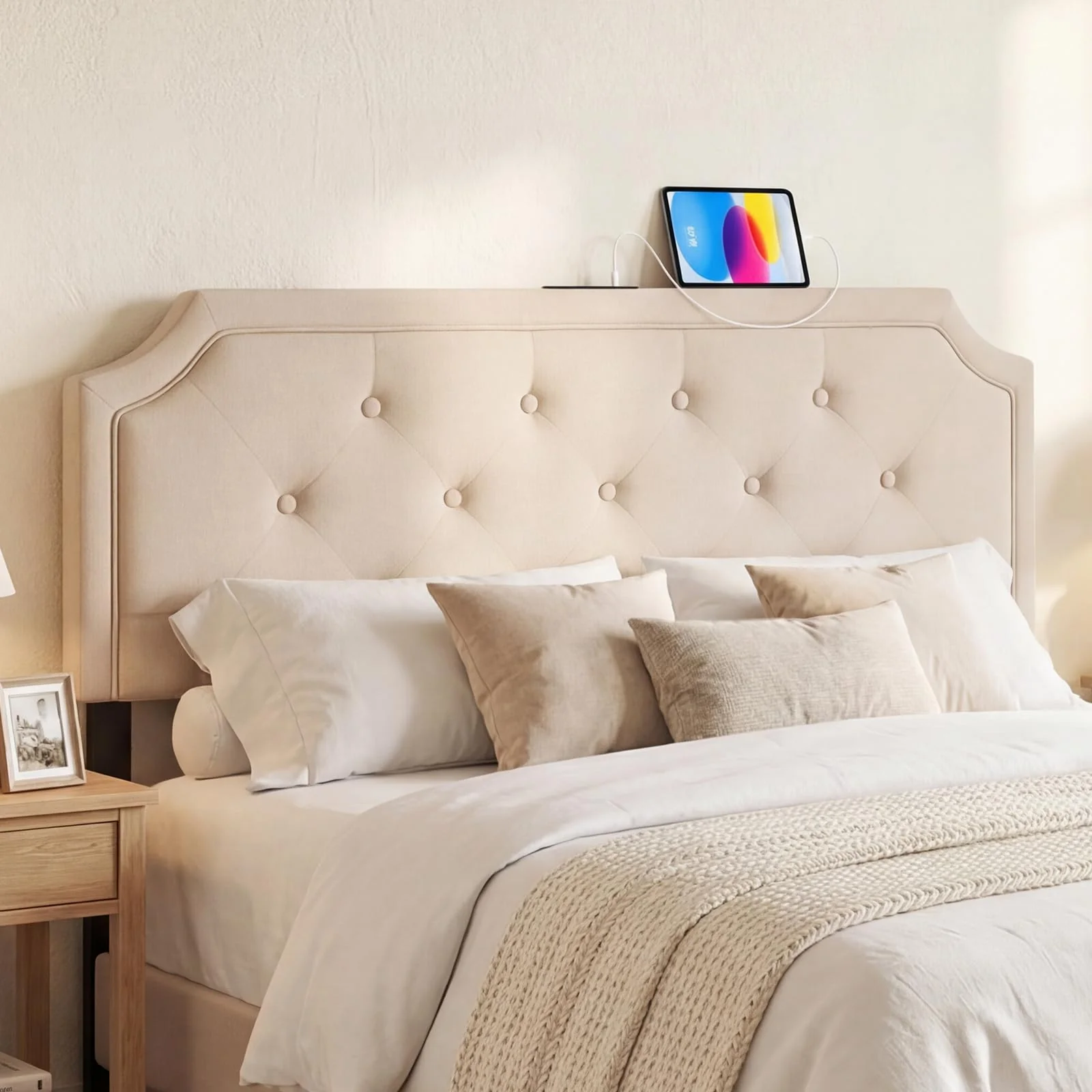 BEFOUNDLOVELY Upholstered Headboard with Charging Station for Full & Queen Size Bed Frame