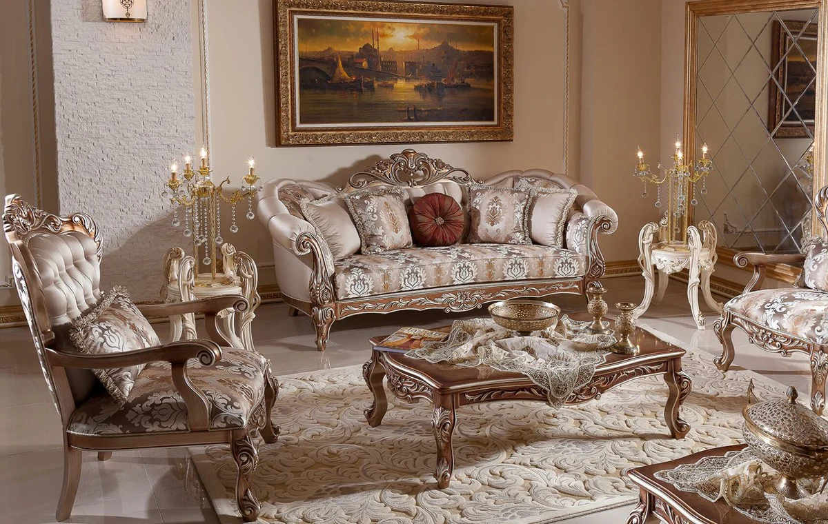 Luxury Baroque Living Room Set Gray / Copper / Silver - 2 Baroque Sofas & 2 Baroque Armchairs & 1 Baroque Coffee Table - Luxury Living Room Furniture in Baroque Style - Baroque Furniture - Baroque Furnishings