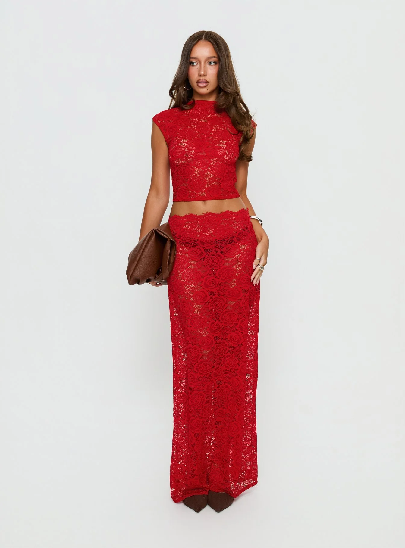 Vionna Lace Maxi Skirt Red