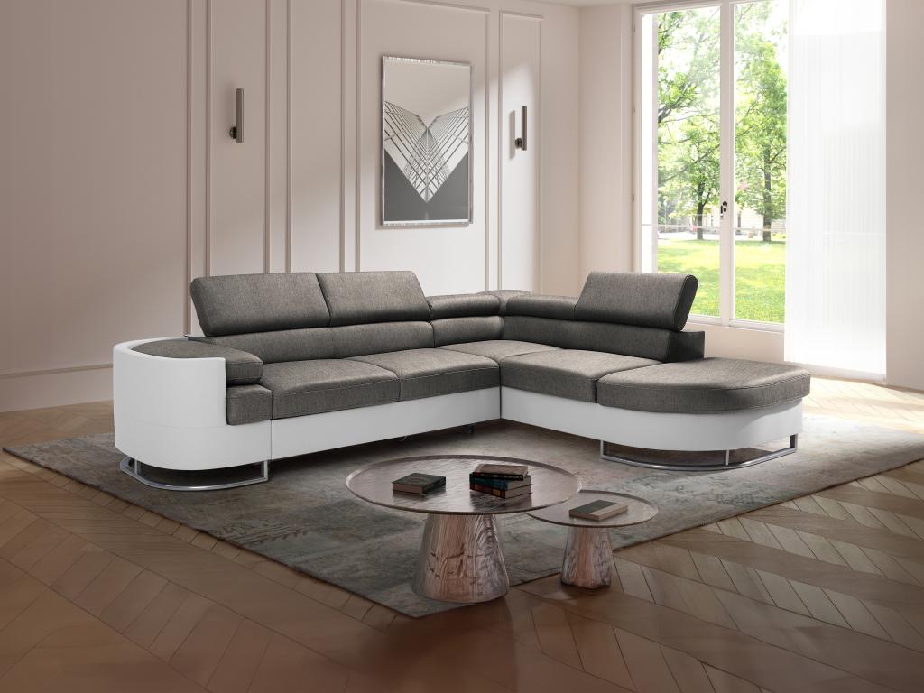Sofá cama esquinero derecho - piel sintética - blanco y gris