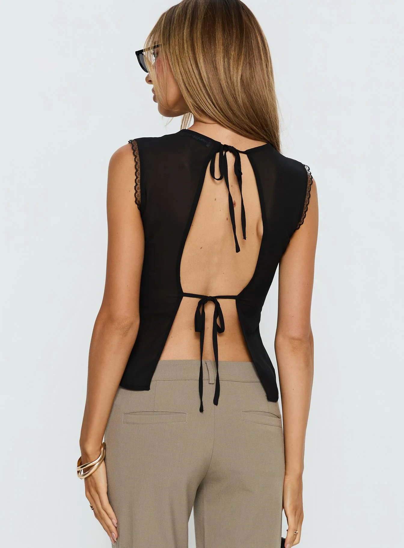 Noven Tie Back Lace Trim Top Black