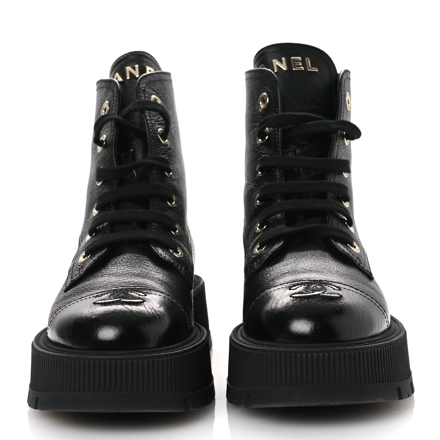 Grained Calfskin Shiny Calfskin CC Lace Up Combat Boots 38.5 Black - Top Club
