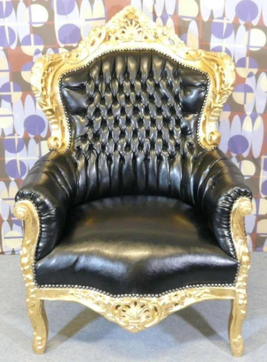 Baroque armchair King leather look black / gold - noble and magnificent