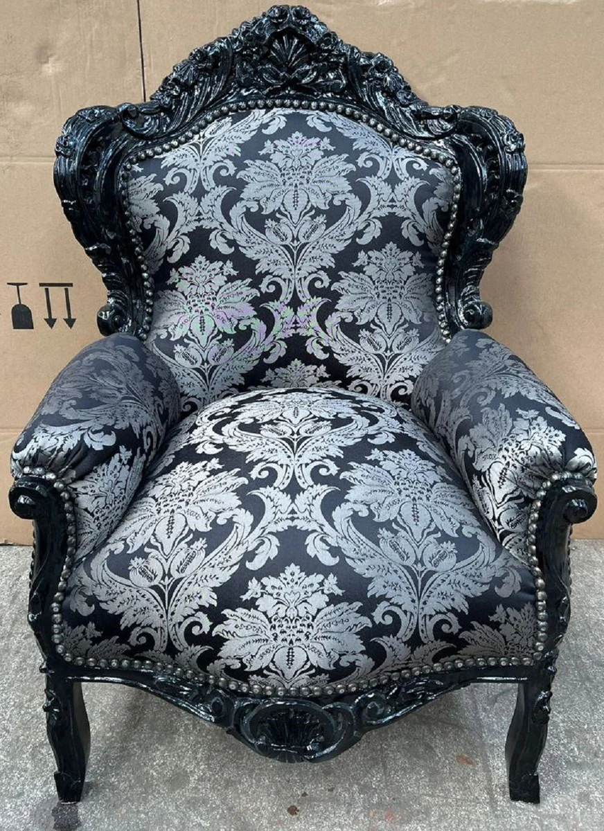 Baroque Armchair Silver Pattern / Black - Handmade Solid Wood Living Room Armchair - Antique Style Living Room Armchair - Living Room Furniture in Baroque Style - Baroque Furniture