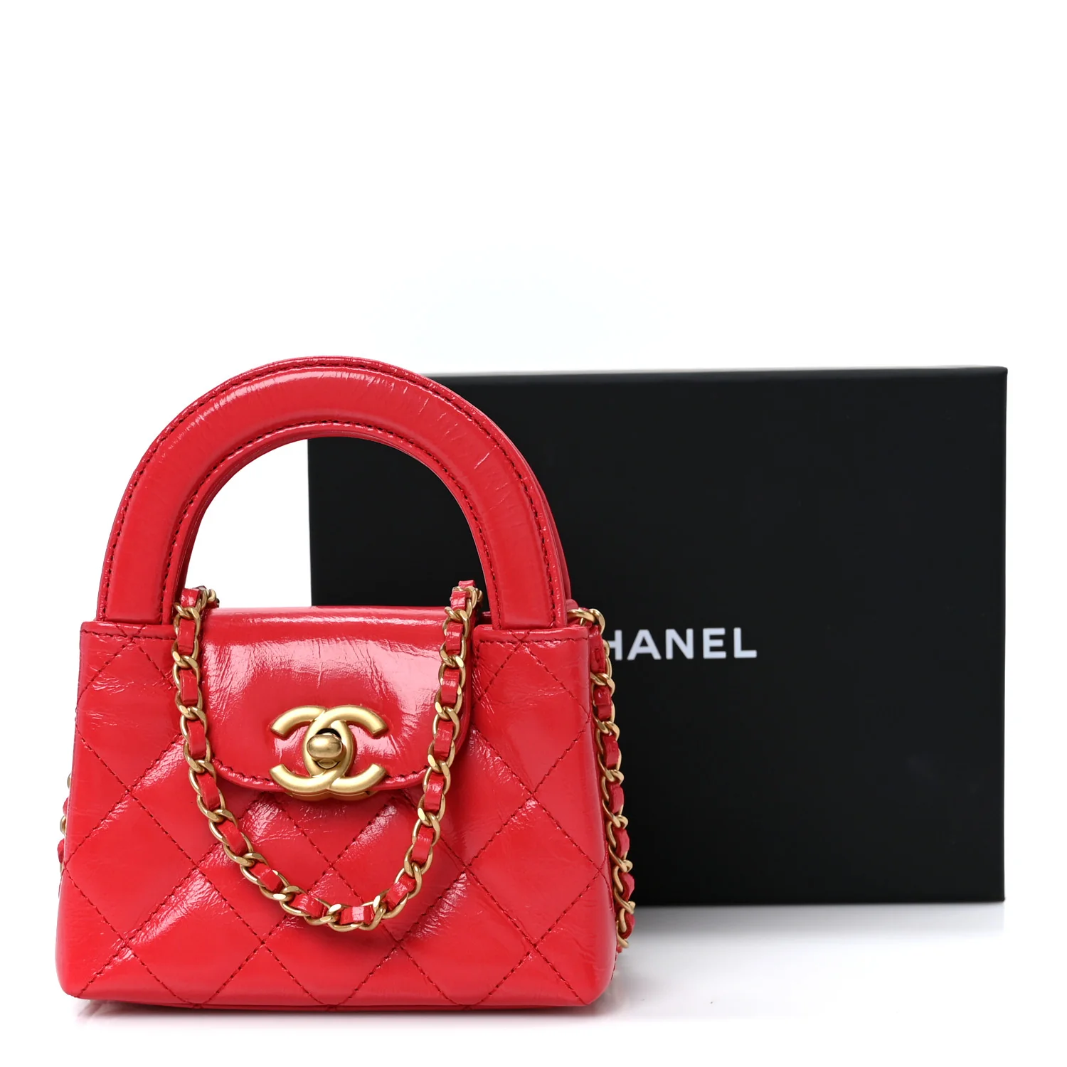 Shiny Aged Calfskin Quilted Mini Nano Kelly Shopper Red - Top Club