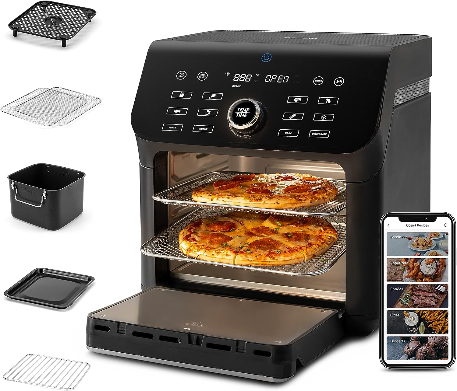 COSORI Air Fryer Toaster Oven Combo, 10 Qt Family Oven Size 14-in-1 Functions (1000+ APP Recipes), Dishwasher Safe Accessories with Roast Tray and Dehydrate Racks, Black